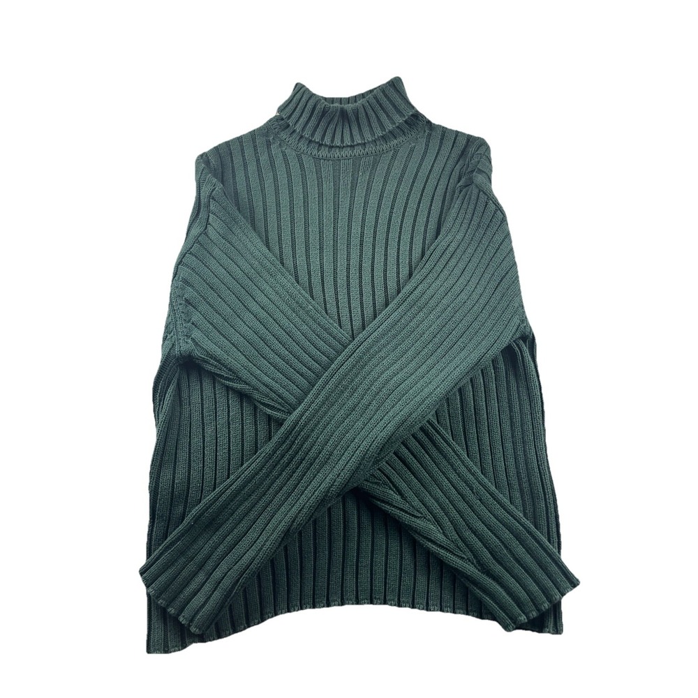 Vintage J Crew Sweater Mens Large Green Pullover Roll Turtle Neck Knit Ribbed